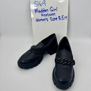 Madden Girl Hoxtonn Lug Sole Loafers Chain Accent Black Women's Size 8.5M